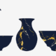 An Image of 6 black vases that are fixed using the Kintsugi method. The cracks are filled with gold and silver.