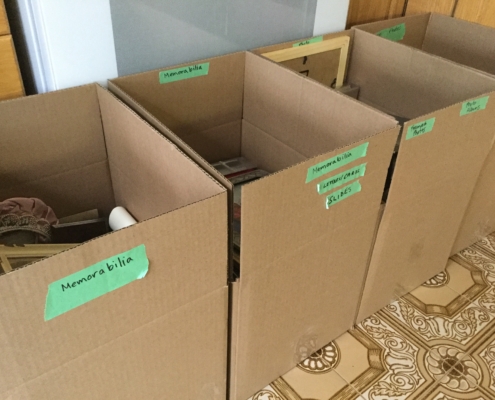 4 boxed that are labeled very specifically with what is inside to help make downsizing less stressful.